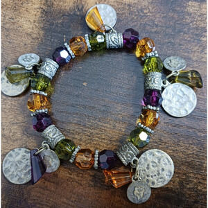 Vintage Stretch Silver Tone Amber Bead Faux Coin Charm Bracelet